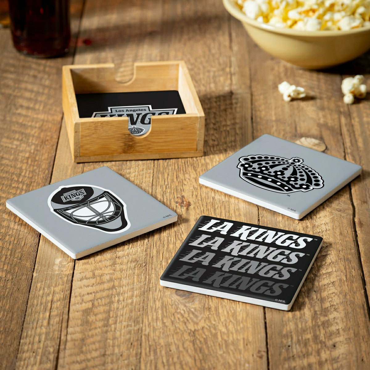 Los Angeles Kings Ceramic Coasters Set, 4pcs with Wood Caddy - NHL Home