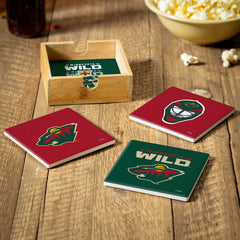 Minnesota Wild Ceramic Coasters Set, 4pcs with Wood Caddy - NHL Home