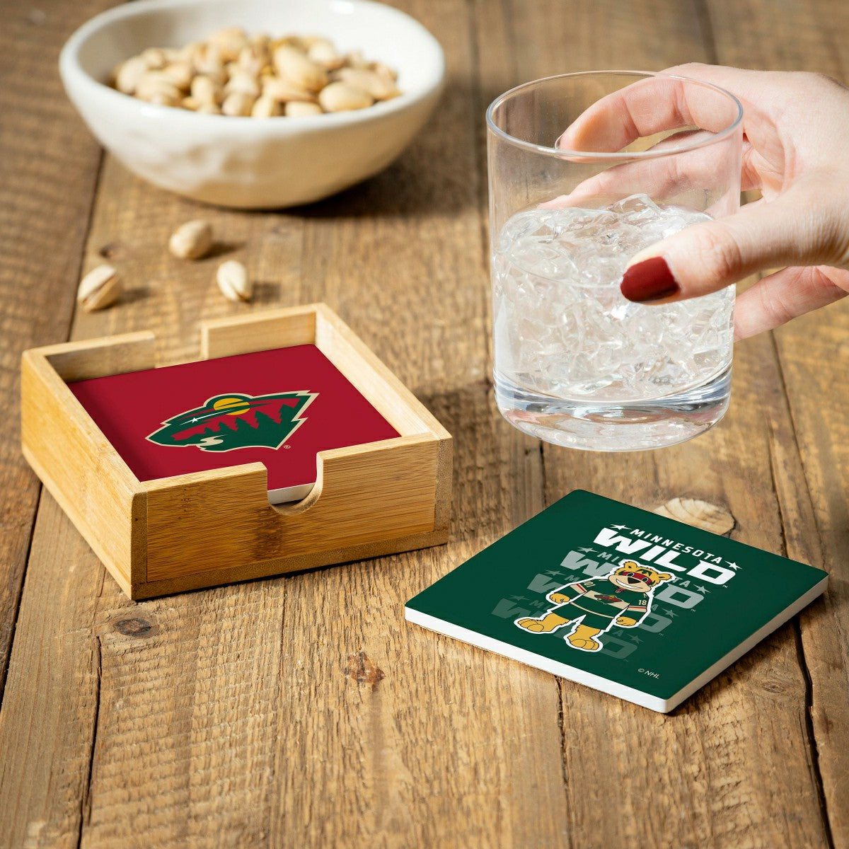 Minnesota Wild Ceramic Coasters Set, 4pcs with Wood Caddy - NHL Home