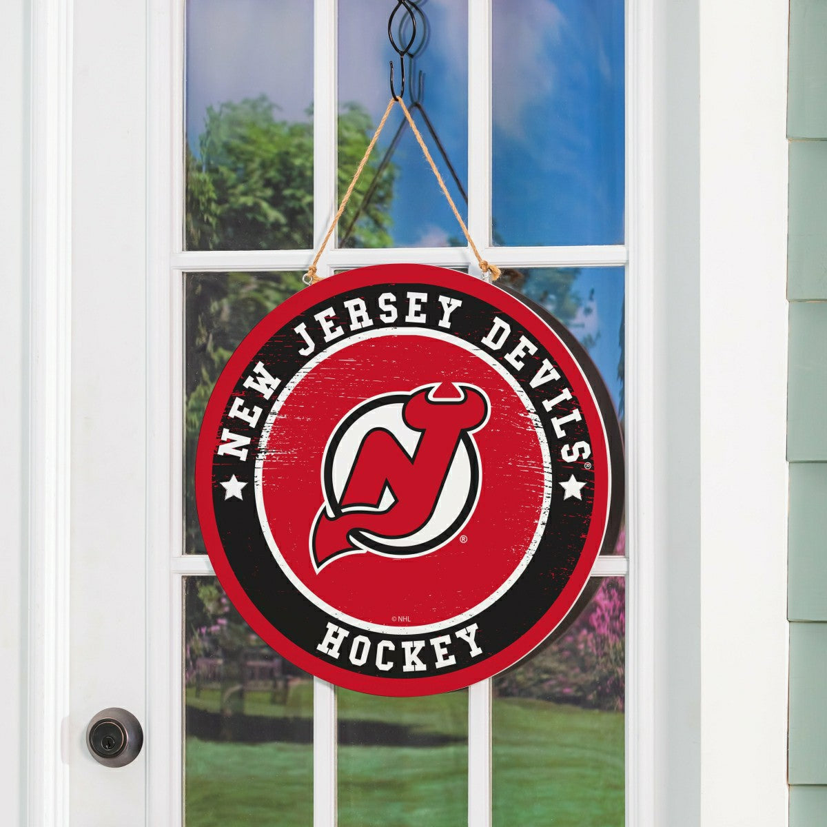 New Jersey Devils Round Door Décor with Hanging Rope, 18x18 - NHL Home