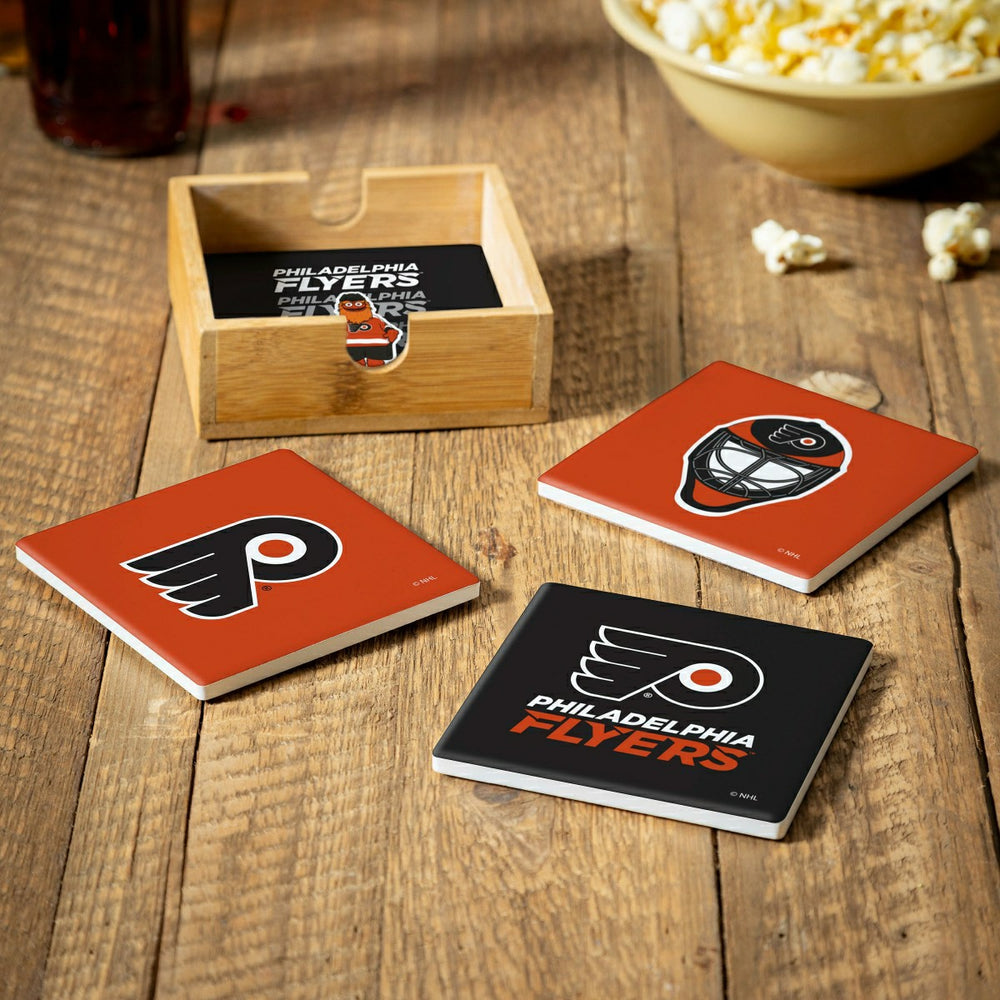 Philadelphia Flyers Ceramic Coasters Set, 4pcs with Wood Caddy - NHL Home