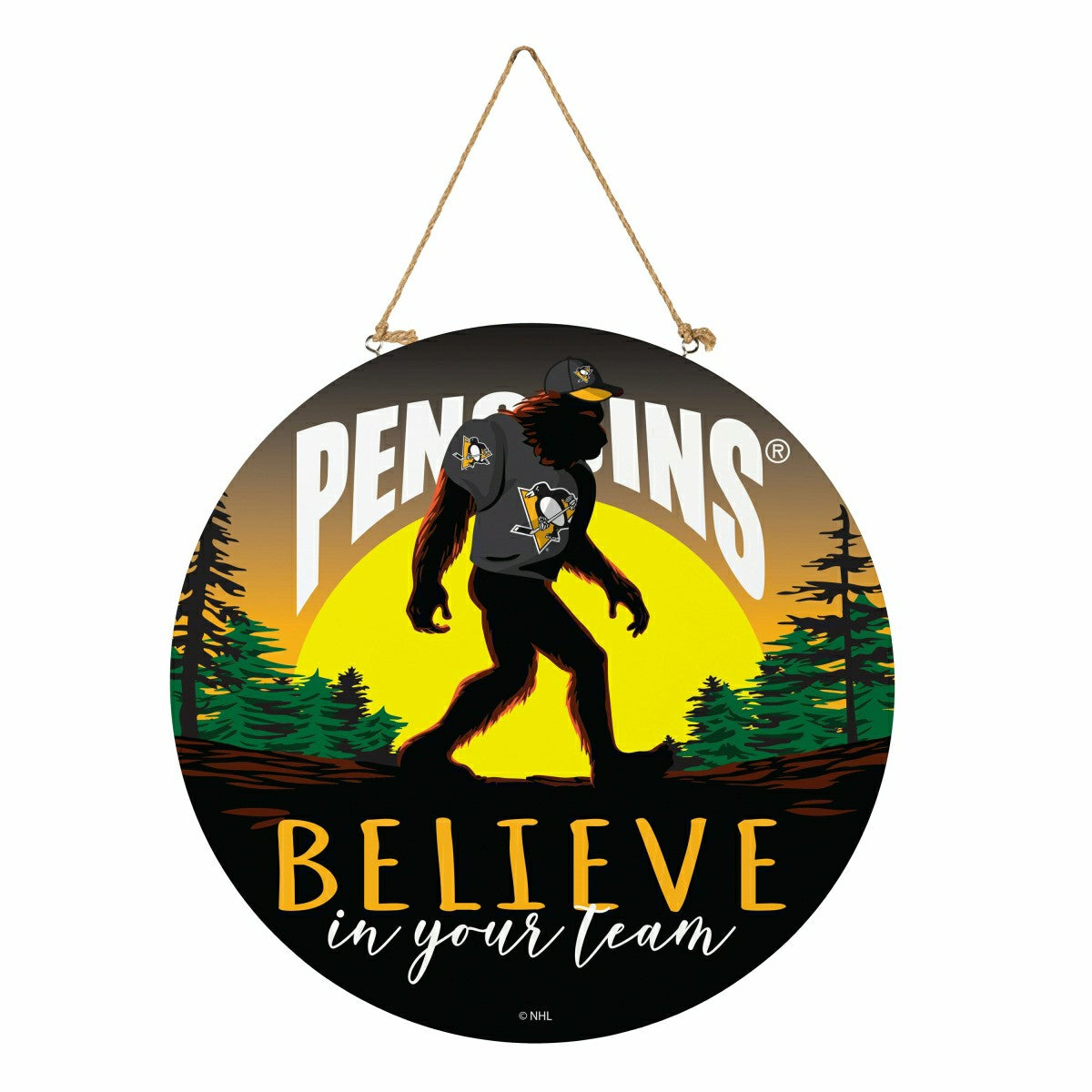 Pittsburgh Penguins Bigfoot Round Door Décor with Hanging Rope, 18x18 - NHL Home