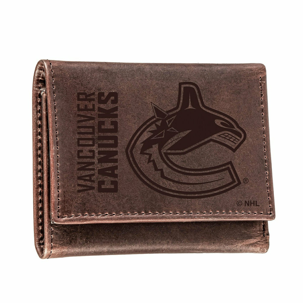 Vancouver Canucks, Tri-Fold Wallet, Brown, CH, 100% Genuine Leather - NHL Home