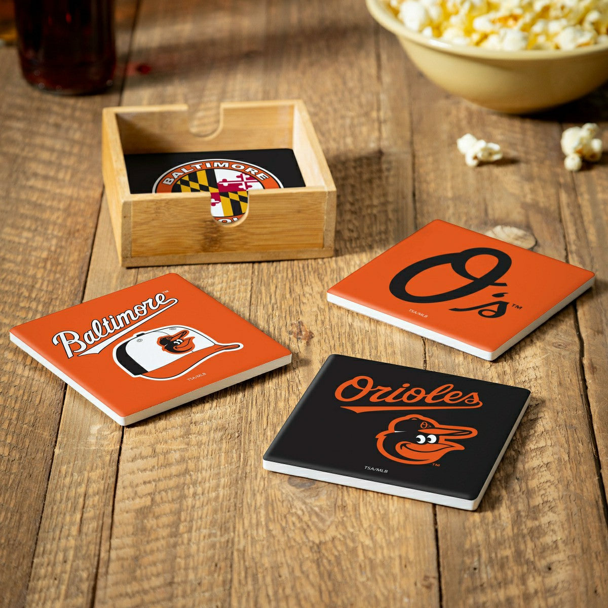 Baltimore Orioles Ceramic Coasters Set, 4pcs with Wood Caddy - MLB Home