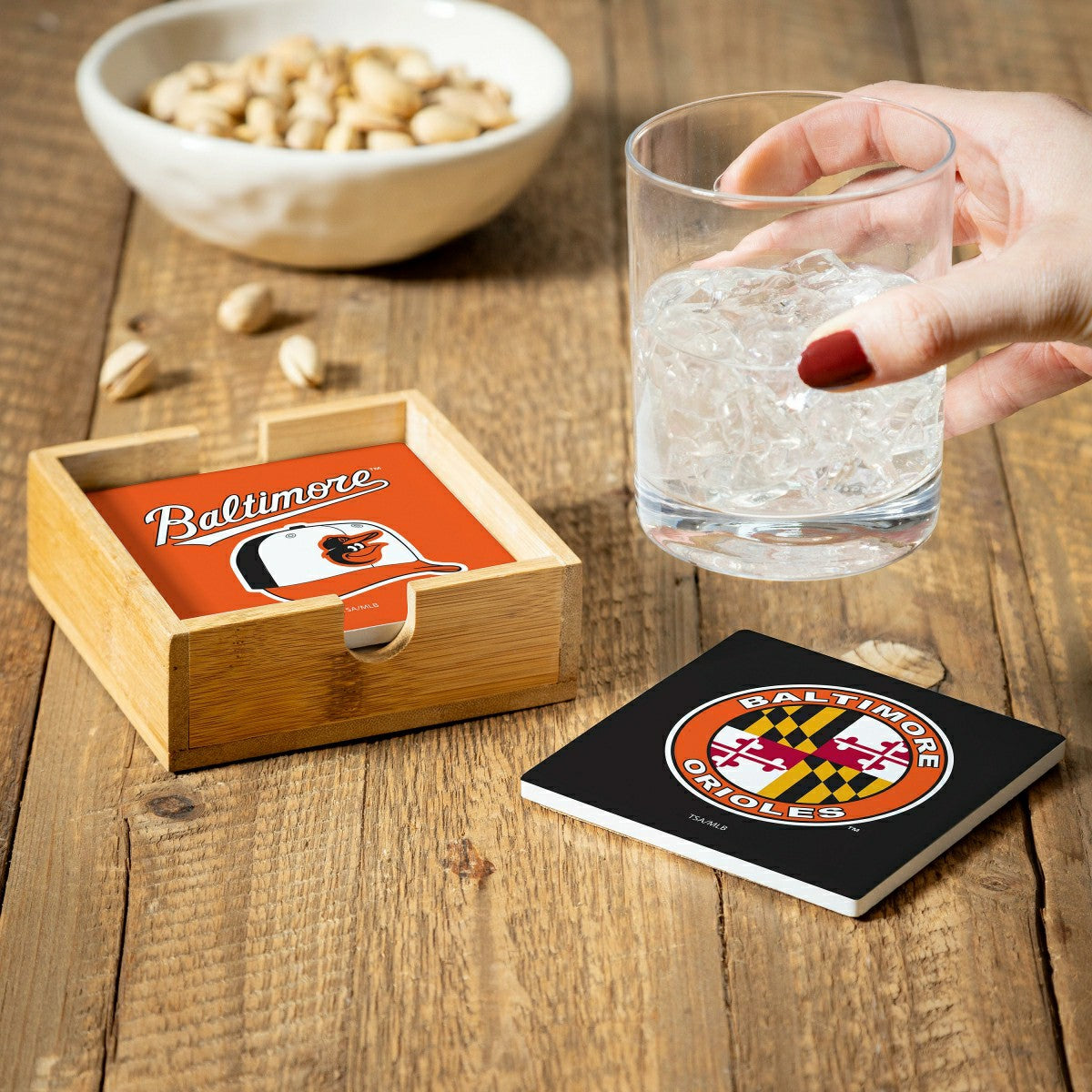 Baltimore Orioles Ceramic Coasters Set, 4pcs with Wood Caddy - MLB Home
