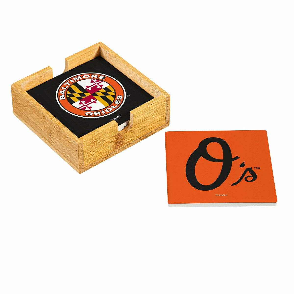 Baltimore Orioles Ceramic Coasters Set, 4pcs with Wood Caddy - MLB Home