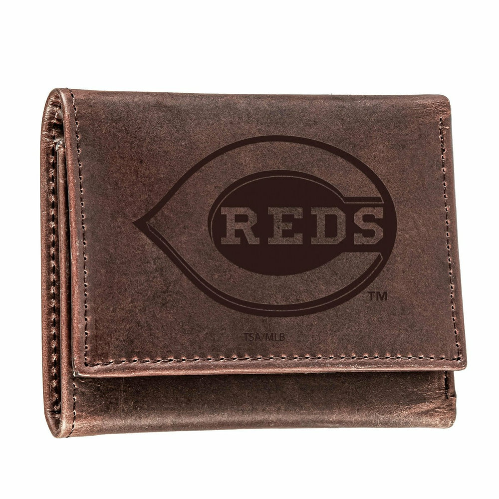 Cincinnati Reds Tri-Fold Wallet Brown 100% Genuine Leather - MLB Home