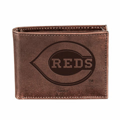 Cincinnati Reds Bi-Fold Wallet Brown 100% Genuine Leather - MLB Home