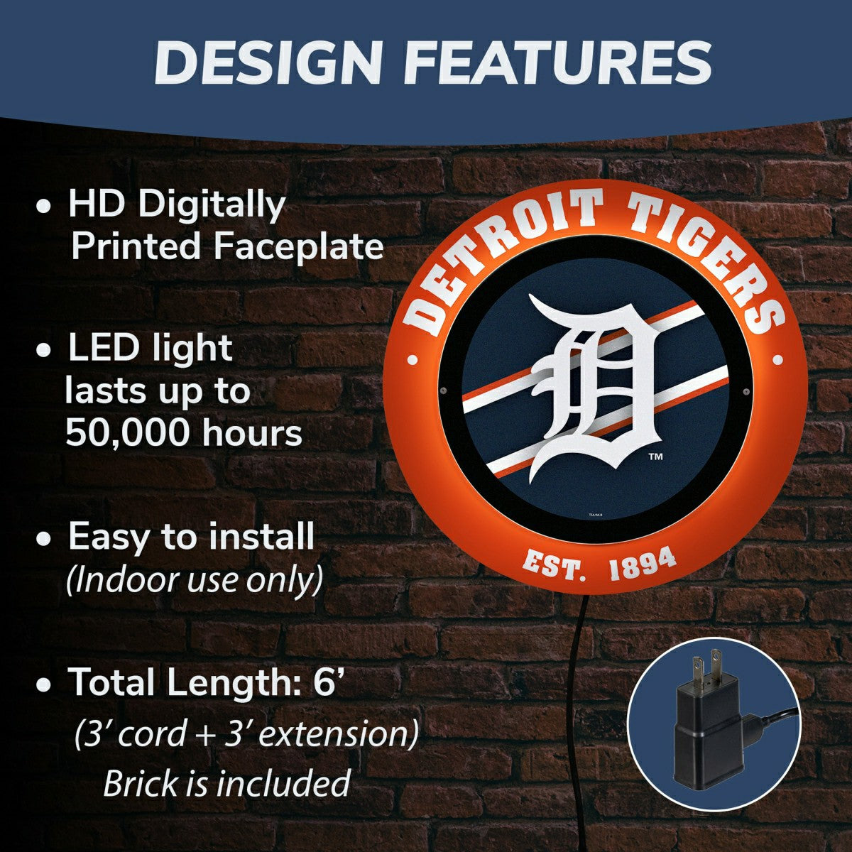 Detroit Tigers, Metal Lite, Round - MLB