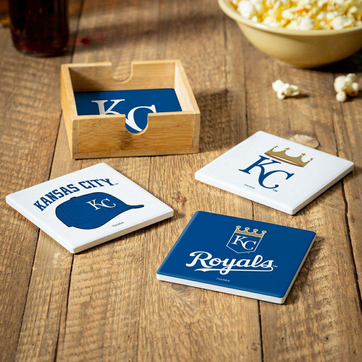 Kansas City Royals Ceramic Coasters Set, 4pcs with Wood Caddy - MLB Home