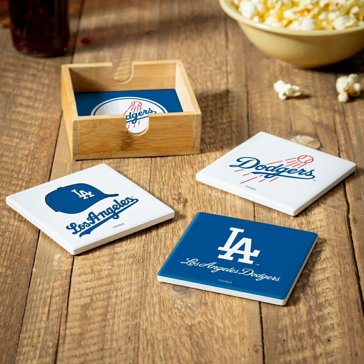 Los Angeles Dodgers Ceramic Coasters Set, 4pcs with Wood Caddy - MLB Home