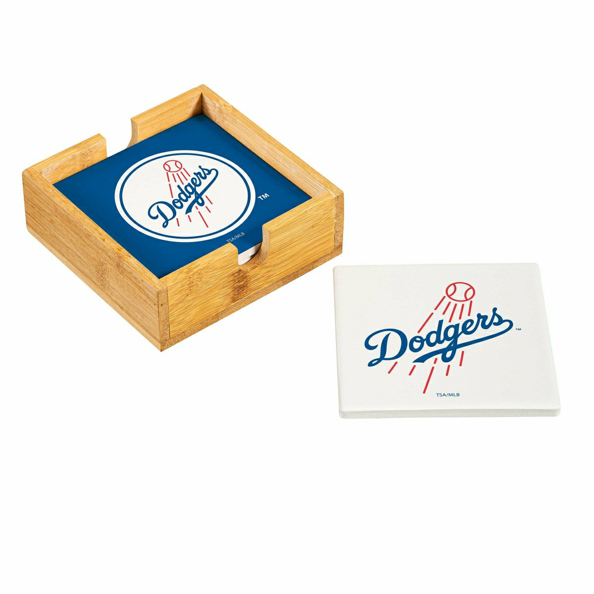 Los Angeles Dodgers Ceramic Coasters Set, 4pcs with Wood Caddy - MLB Home