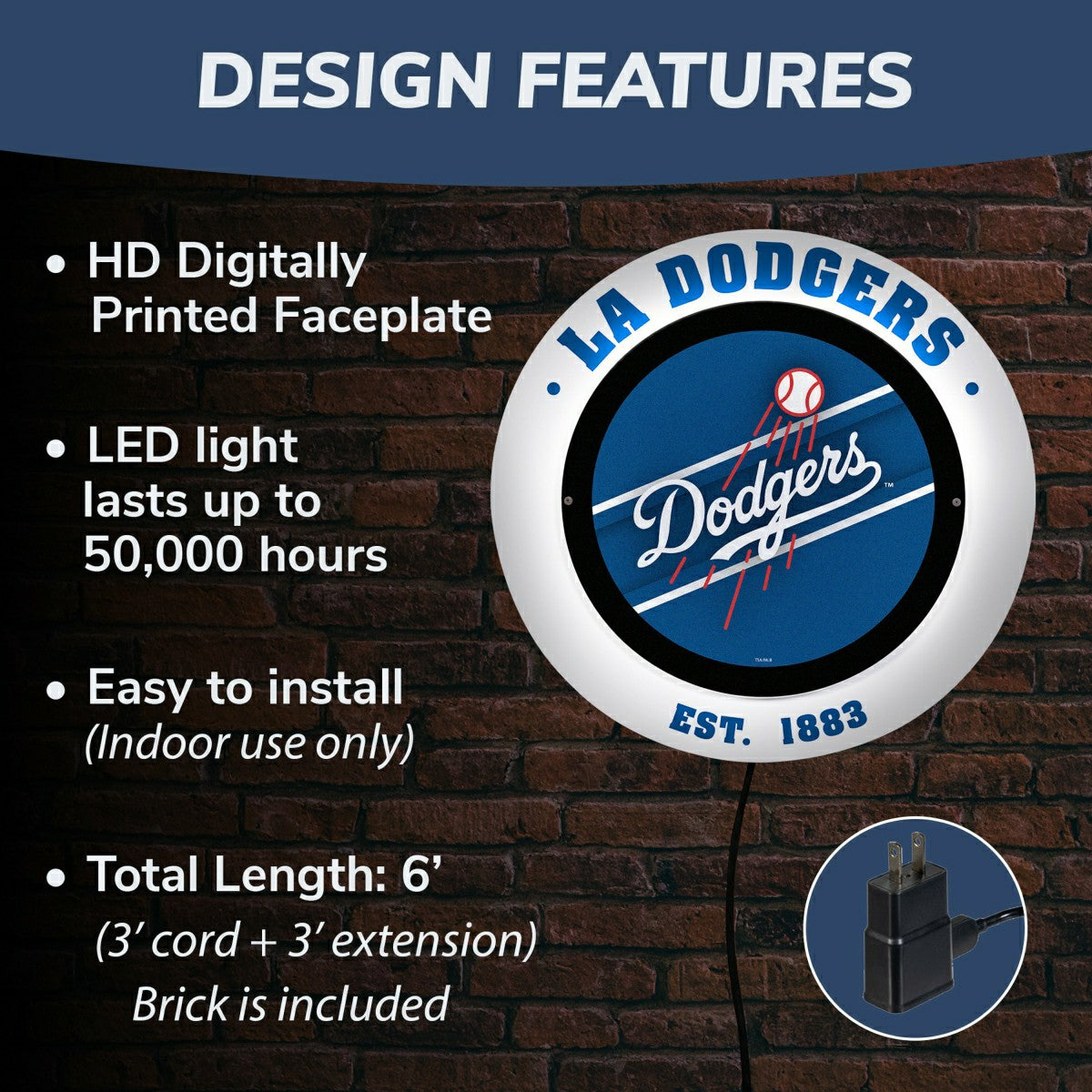 Los Angeles Dodgers, Metal Lite, Round - MLB