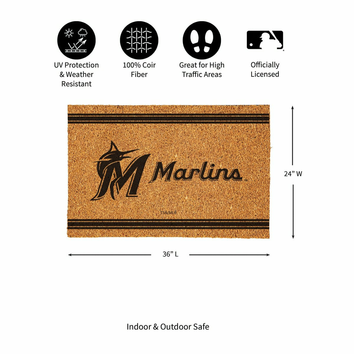 Miami Marlins Large One Color Coir Mat, 36"x24" - MLB