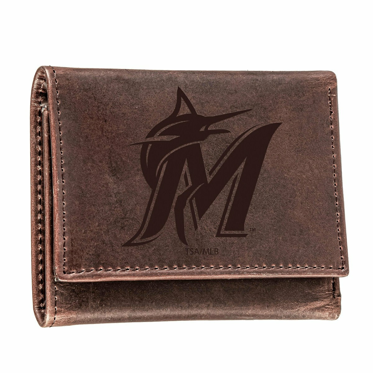 Miami Marlins Tri-Fold Wallet Brown 100% Genuine Leather - MLB Home