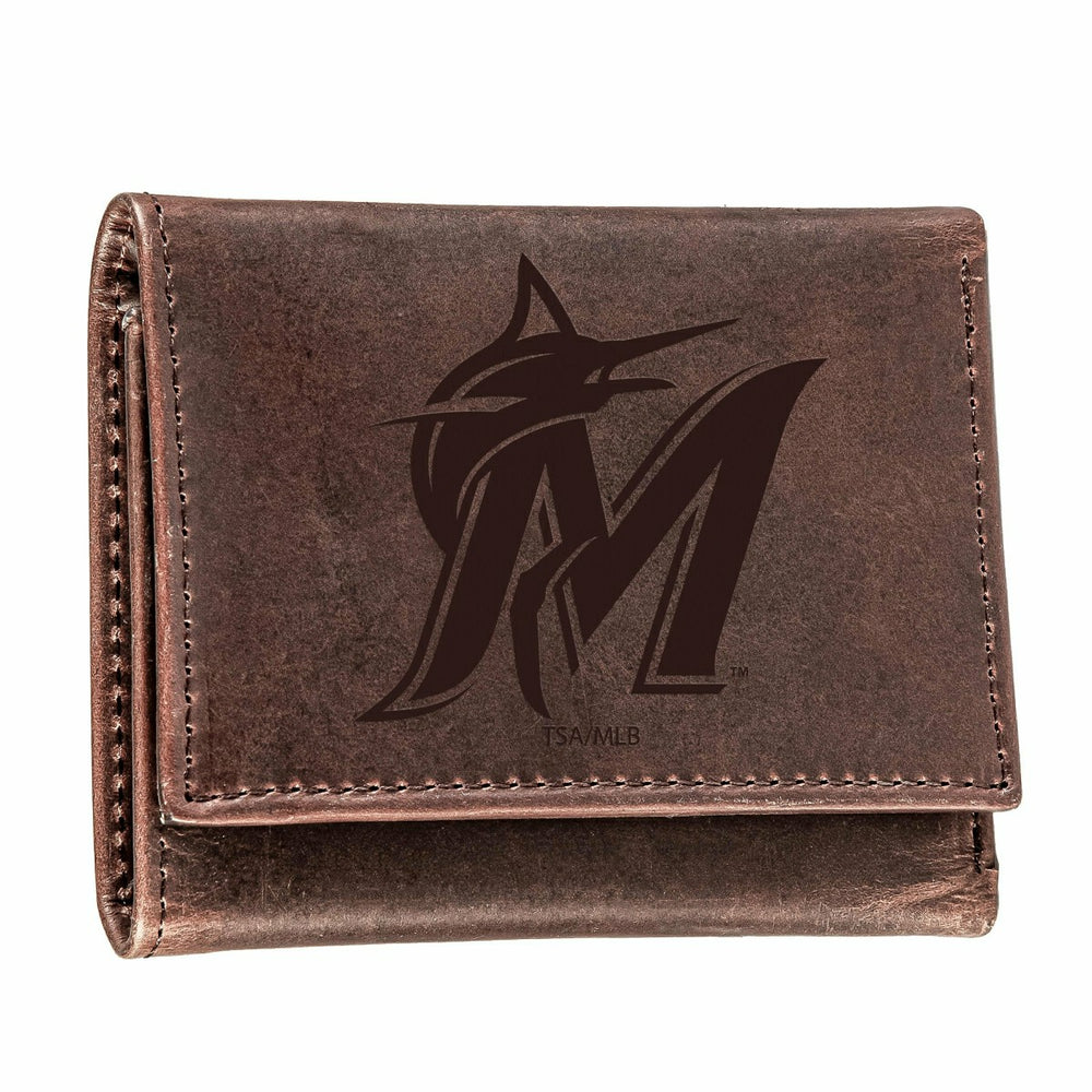 Miami Marlins Tri-Fold Wallet Brown 100% Genuine Leather - MLB Home
