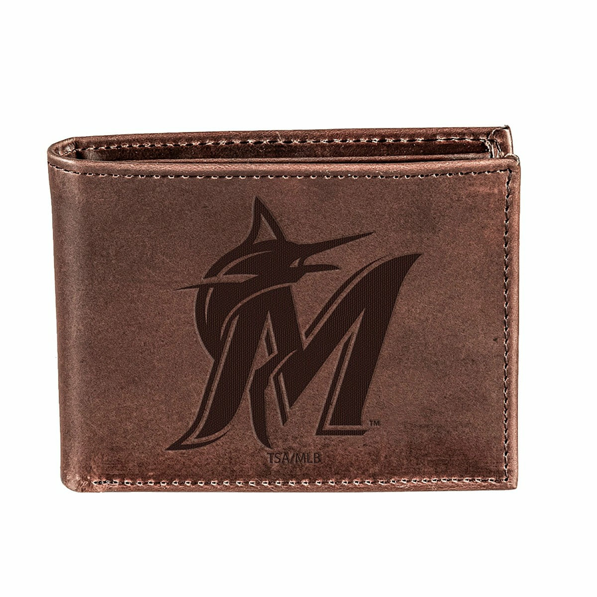 Miami Marlins Bi-Fold Wallet Brown 100% Genuine Leather - MLB Home