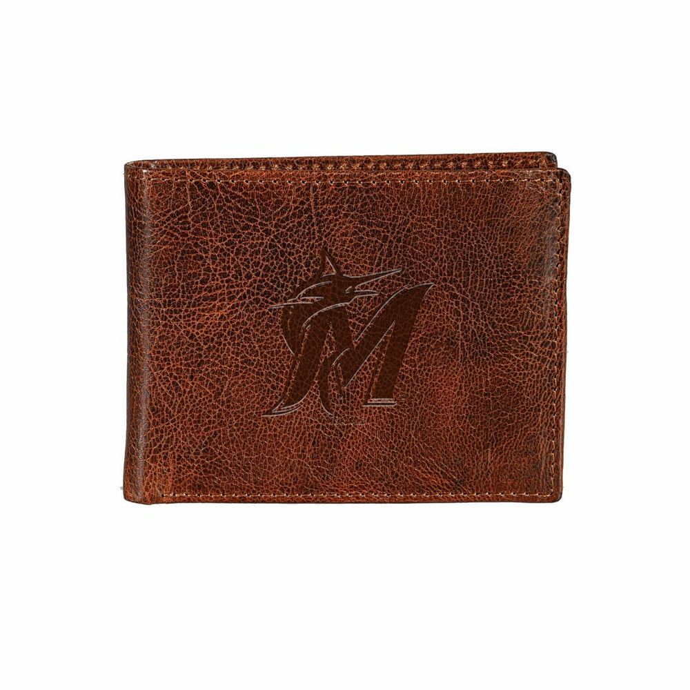 Miami Marlins, Embossed 100% Genuine Tumbled Leather Passcase Bi-Fold  - MLB Home