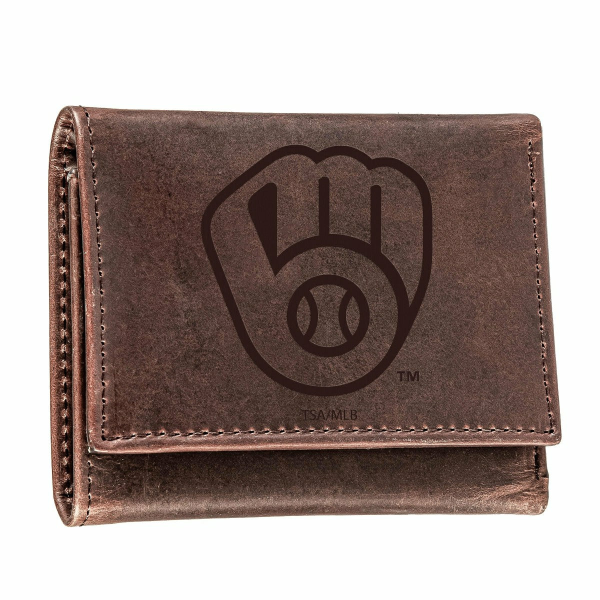 Milwaukee Brewers Tri-Fold Wallet Brown 100% Genuine Leather - MLB Home