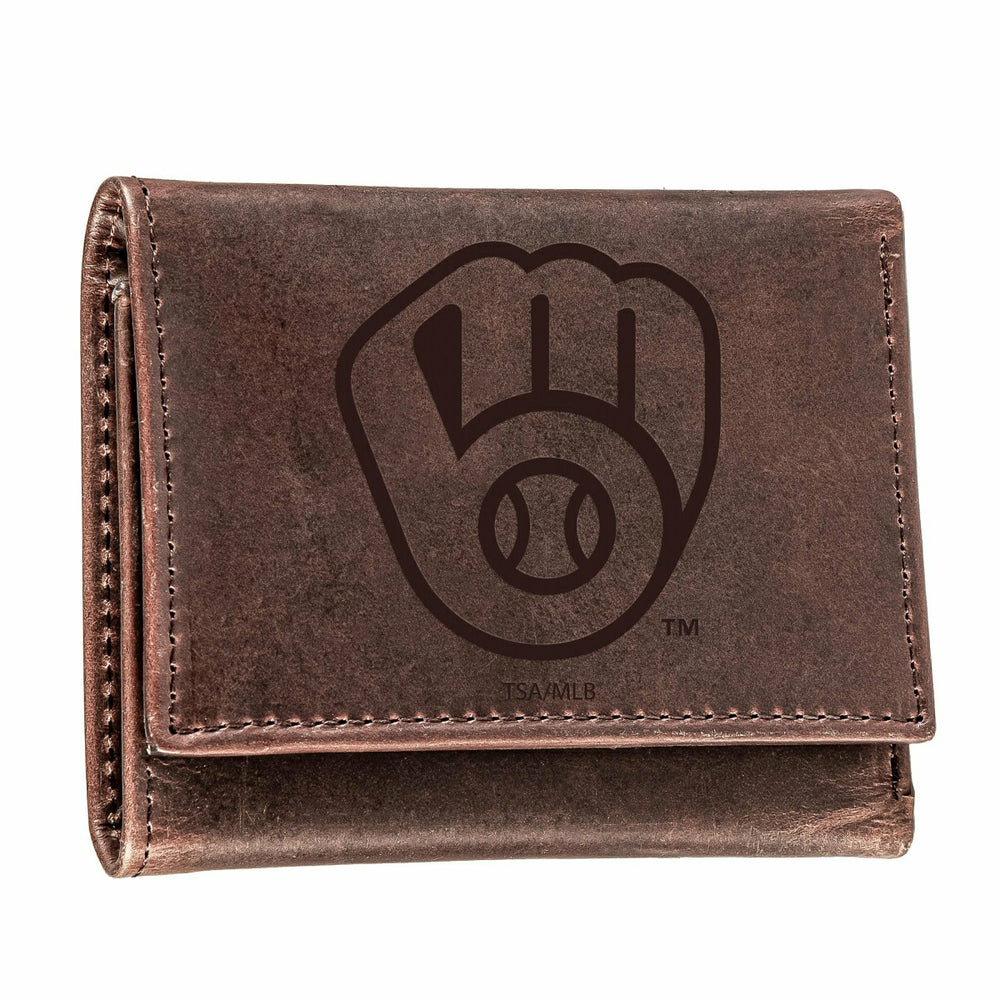 Milwaukee Brewers Tri-Fold Wallet Brown 100% Genuine Leather - MLB Home