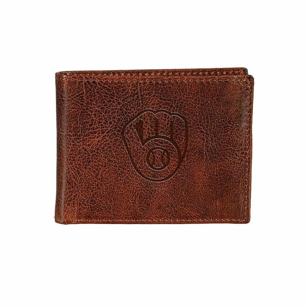 Milwaukee Brewers, Embossed 100% Genuine Tumbled Leather Passcase Bi-F - MLB Home