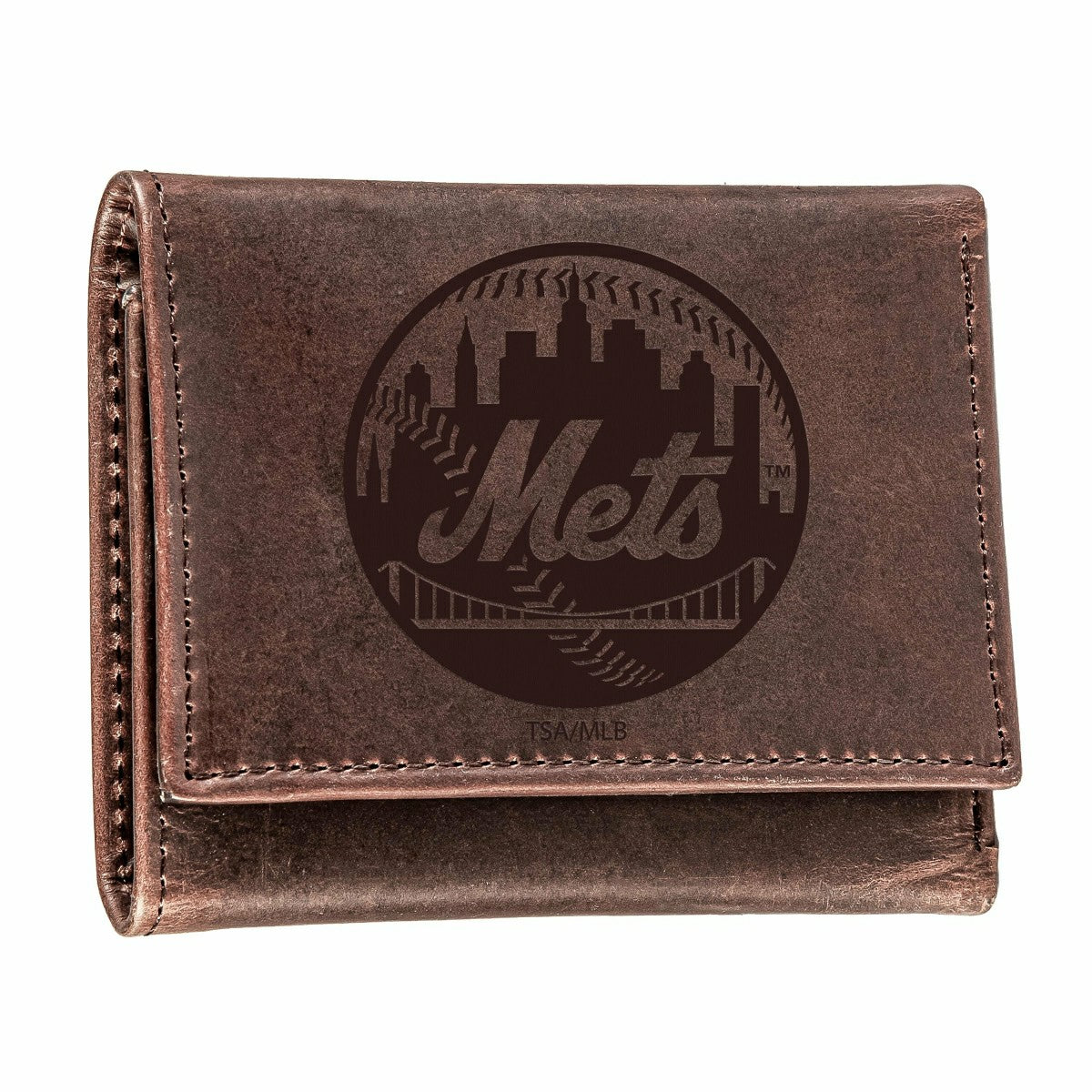 New York Mets Tri-Fold Wallet Brown 100% Genuine Leather - MLB Home