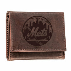 New York Mets Tri-Fold Wallet Brown 100% Genuine Leather - MLB Home