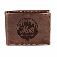 New York Mets Bi-Fold Wallet Brown 100% Genuine Leather - MLB Home
