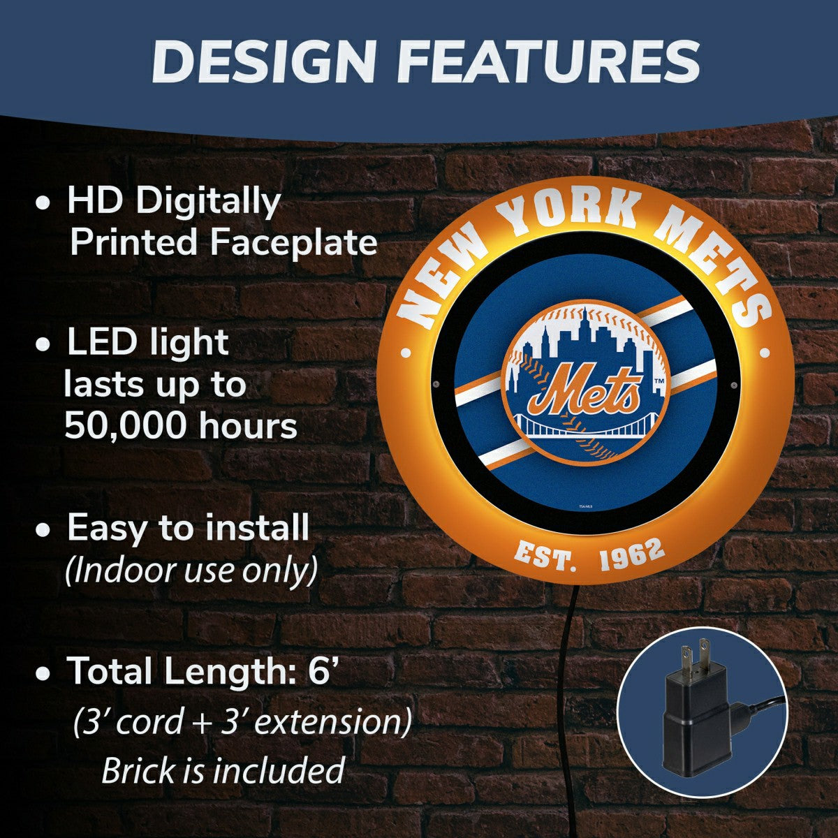 New York Mets, Metal Lite, Round - MLB