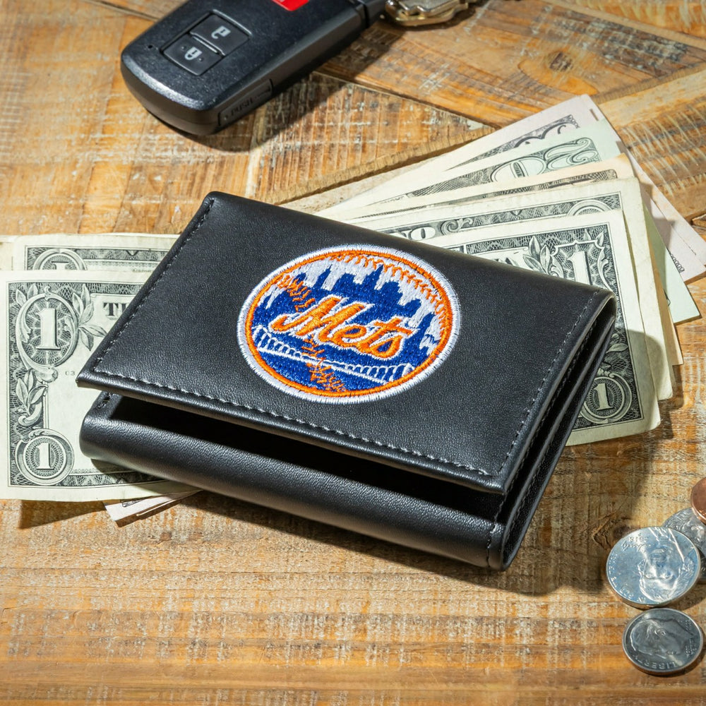 New York Mets Black Tri-Fold Embroidered Wallet w/ RFID Blocking - MLB Home