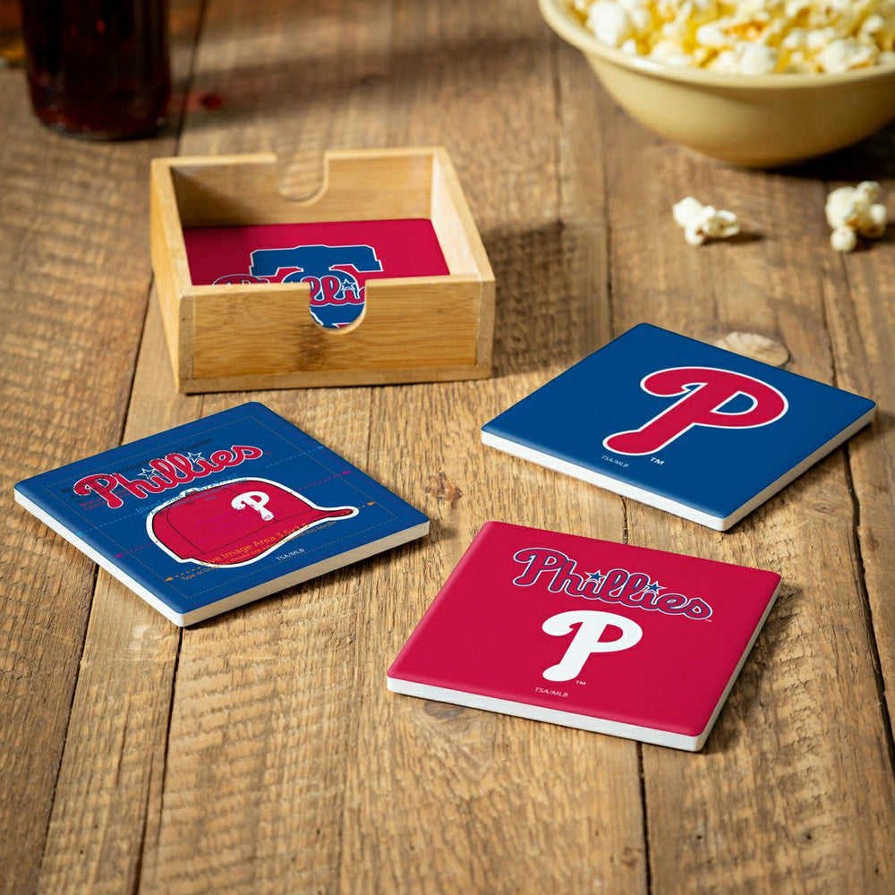 Philadelphia Phillies Ceramic Coasters Set, 4pcs with Wood Caddy - MLB Home