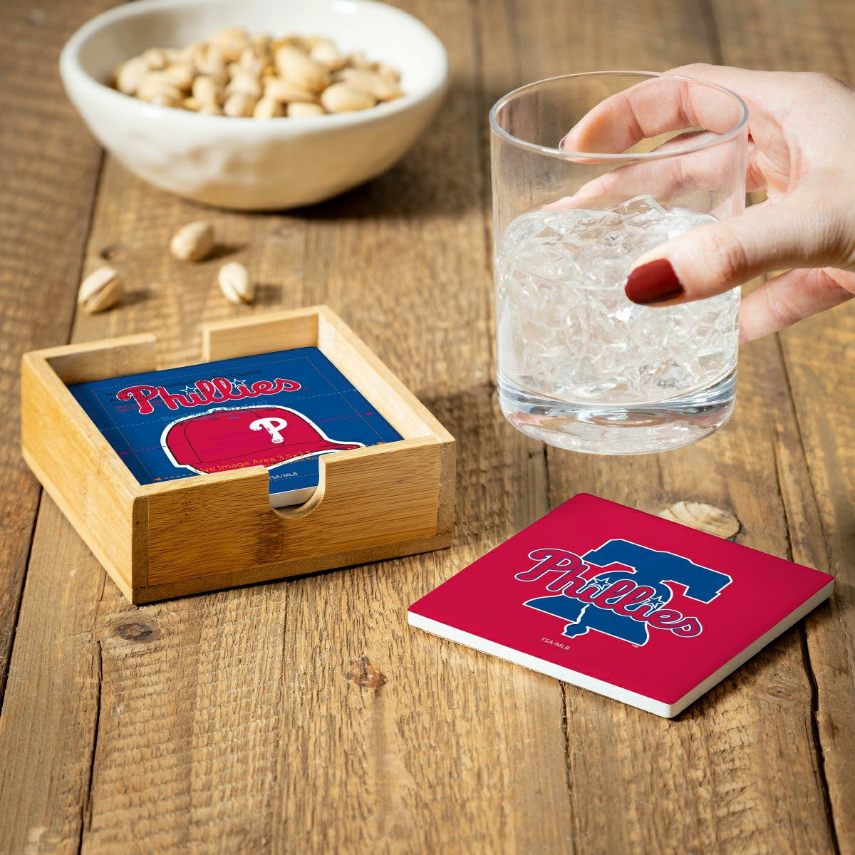 Philadelphia Phillies Ceramic Coasters Set, 4pcs with Wood Caddy - MLB Home