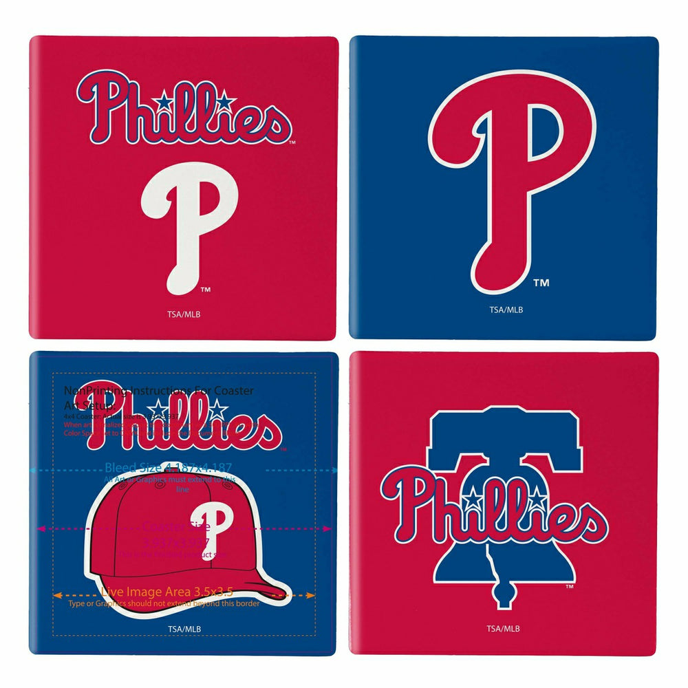 Philadelphia Phillies Ceramic Coasters Set, 4pcs with Wood Caddy - MLB Home