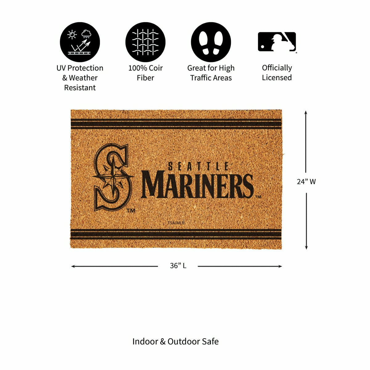 Seattle Mariners Large One Color Coir Mat, 36"x24" - MLB