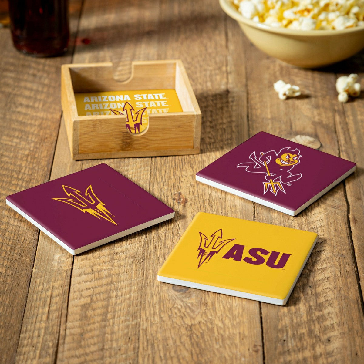 Arizona State University Ceramic Coasters Set, 4pcs with Wood Caddy - Collegiate Home