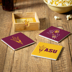 Arizona State University Ceramic Coasters Set, 4pcs with Wood Caddy - Collegiate Home