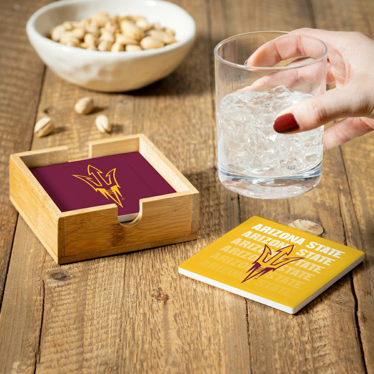 Arizona State University Ceramic Coasters Set, 4pcs with Wood Caddy - Collegiate Home