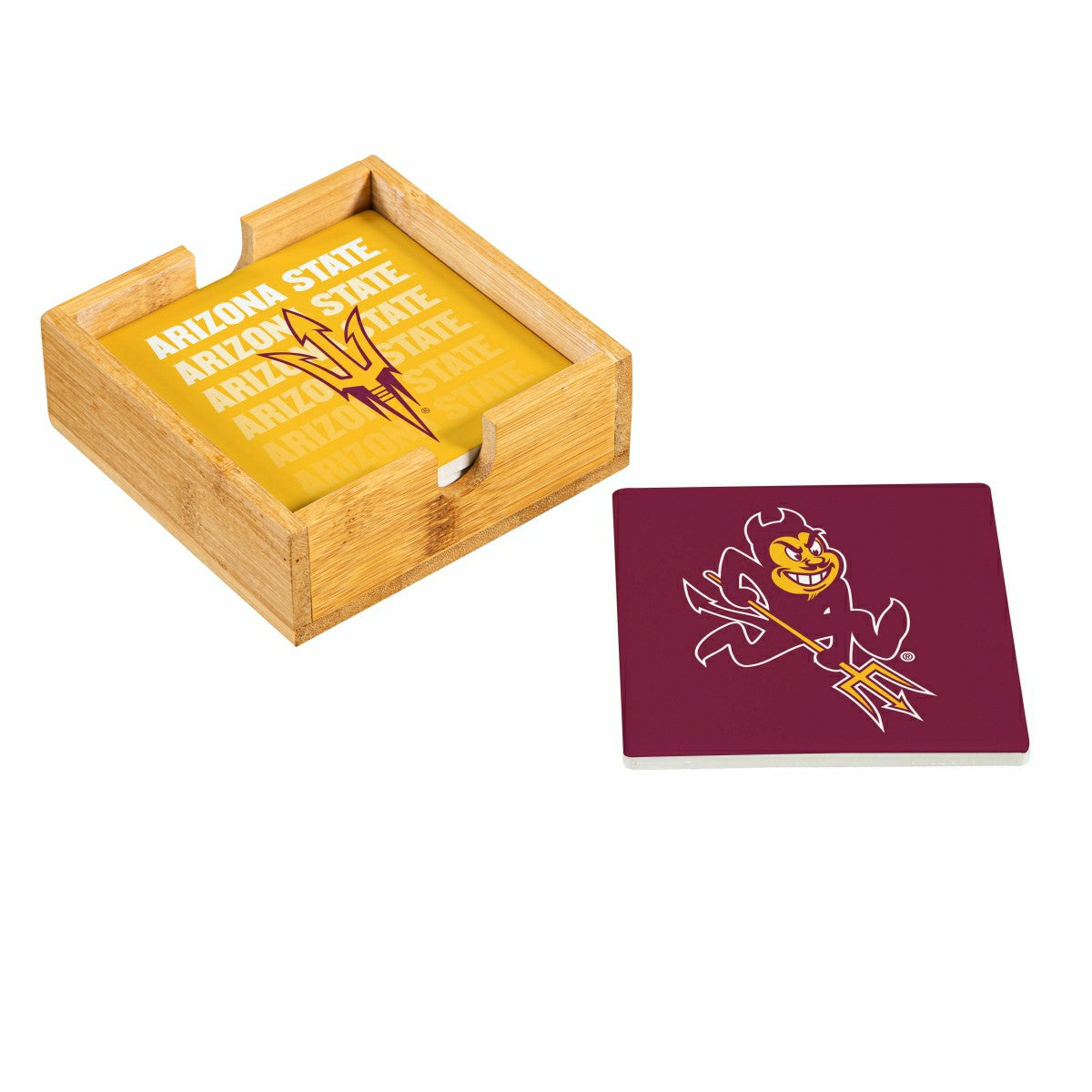Arizona State University Ceramic Coasters Set, 4pcs with Wood Caddy - Collegiate Home