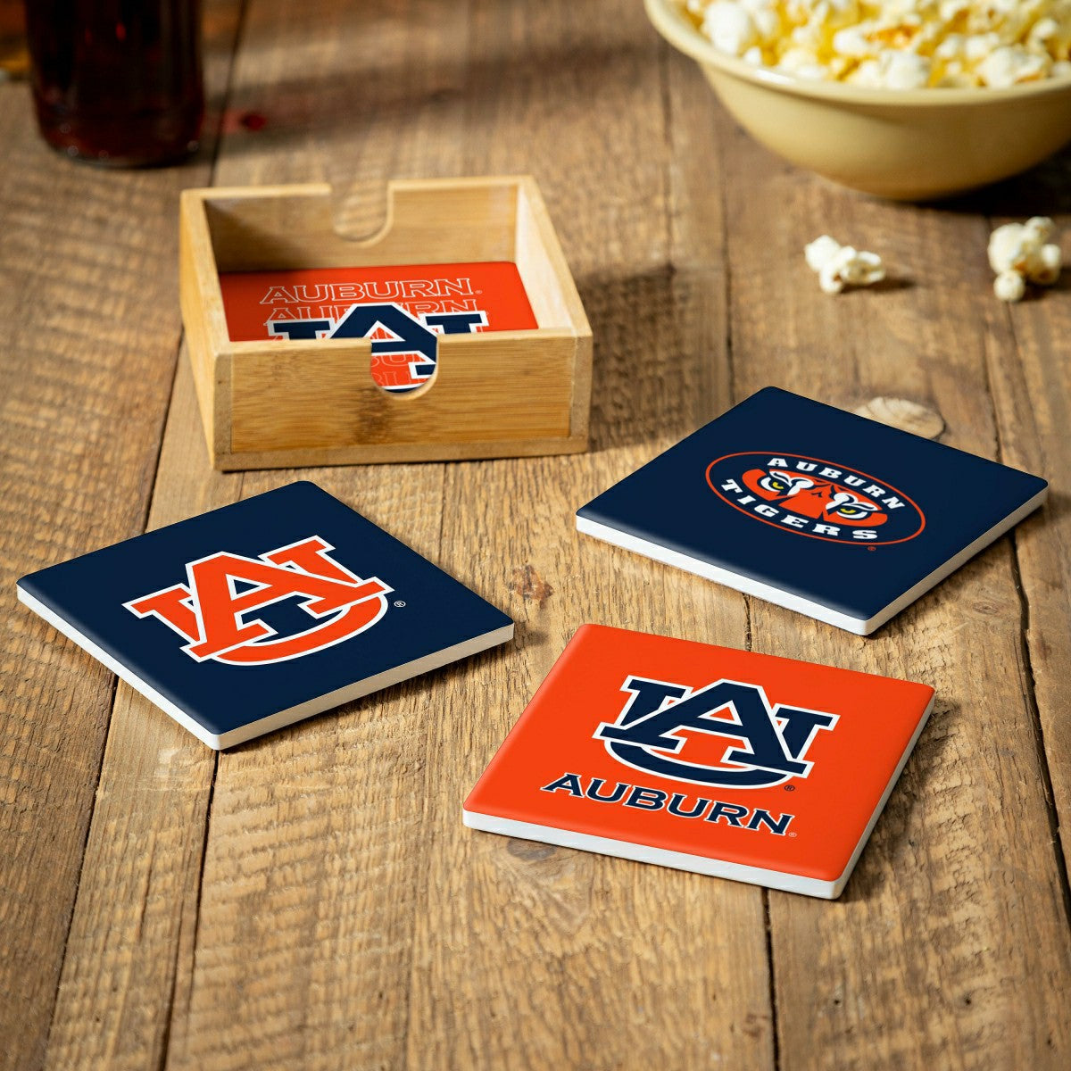 Auburn University Ceramic Coasters Set, 4pcs with Wood Caddy - Collegiate Home
