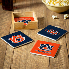 Auburn University Ceramic Coasters Set, 4pcs with Wood Caddy - Collegiate Home