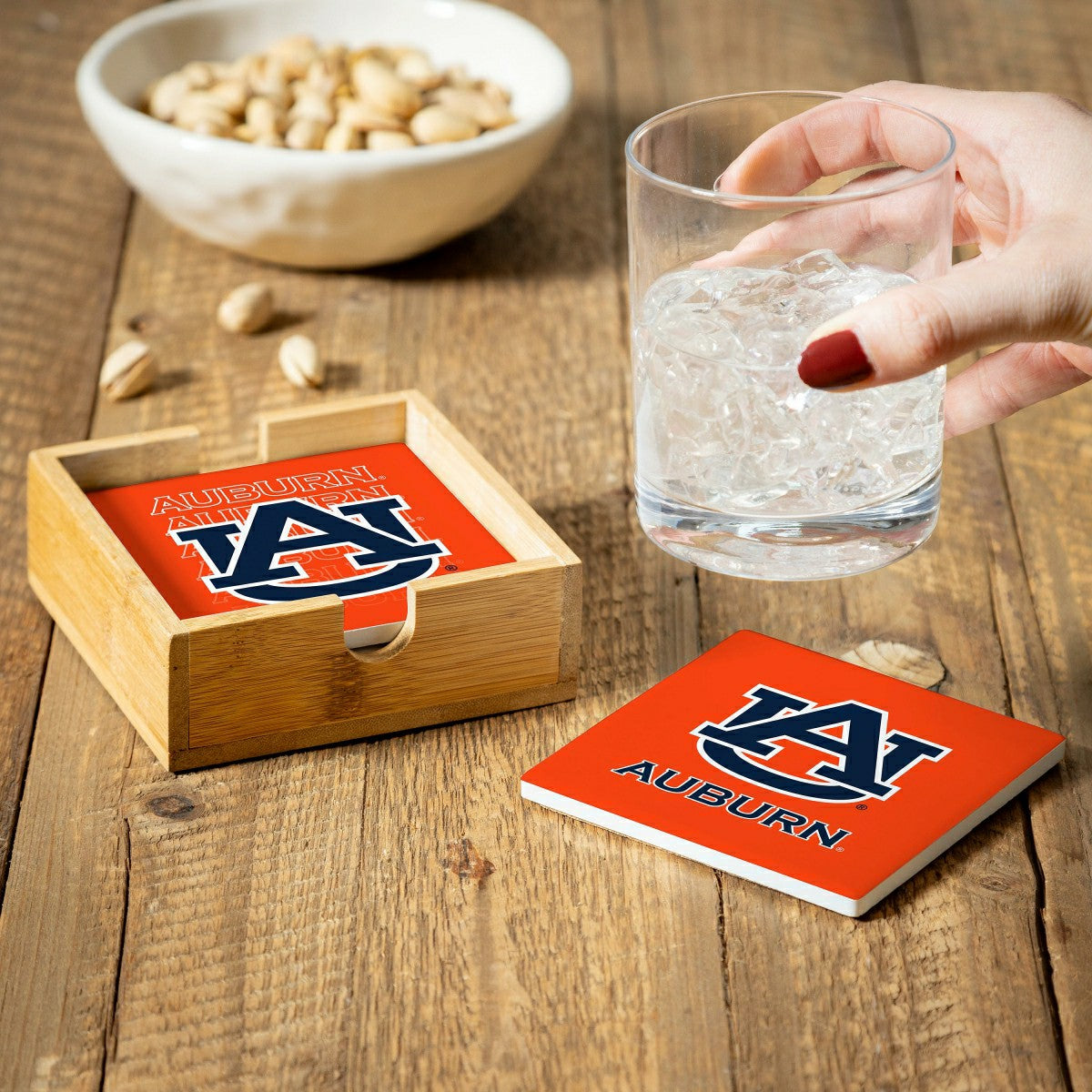 Auburn University Ceramic Coasters Set, 4pcs with Wood Caddy - Collegiate Home