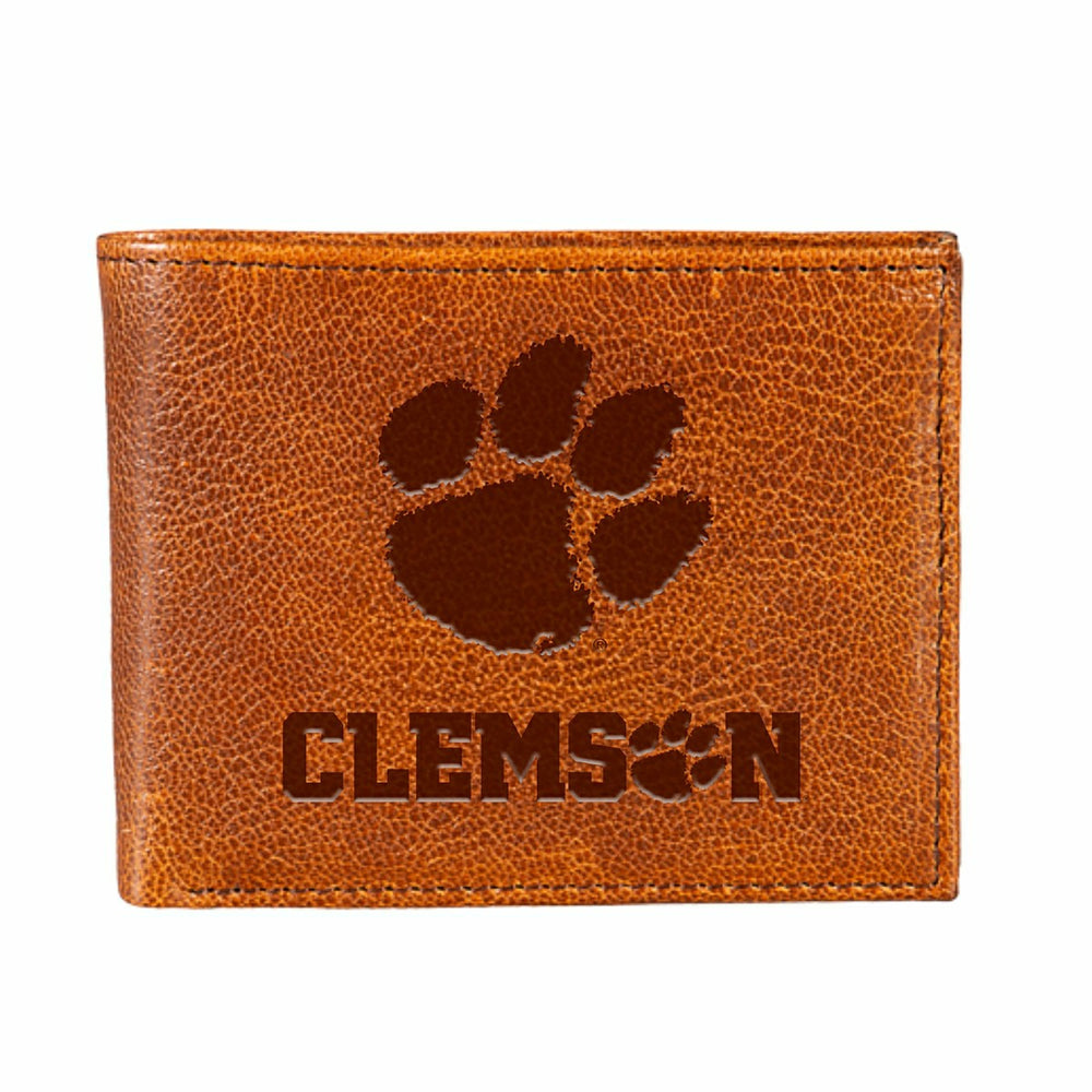 Clemson University, Embossed 100% Genuine Tumbled Leather Passcase Bi- - Collegiate Home