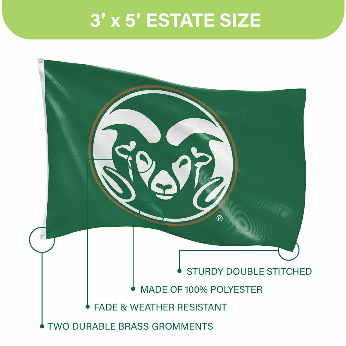 Colorado State Single Sided Flag w/ 2 Grommets, 3'x5' - Collegiate Home