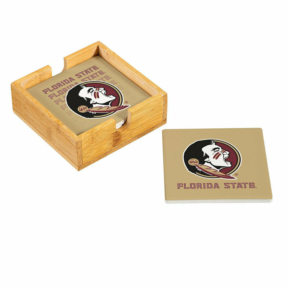 Florida State University Ceramic Coasters Set, 4pcs with Wood Caddy - Collegiate Home