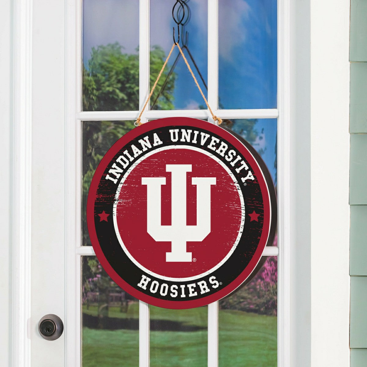 Indiana University Round Door Décor with Hanging Rope, 18x18 - Collegiate Home