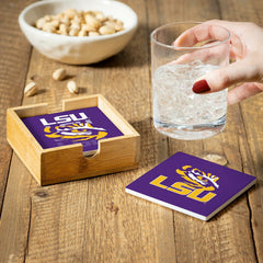 Louisiana State University Ceramic Coasters Set, 4pcs with Wood Caddy - Collegiate Home