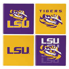 Louisiana State University Ceramic Coasters Set, 4pcs with Wood Caddy - Collegiate Home