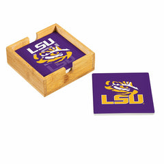 Louisiana State University Ceramic Coasters Set, 4pcs with Wood Caddy - Collegiate Home