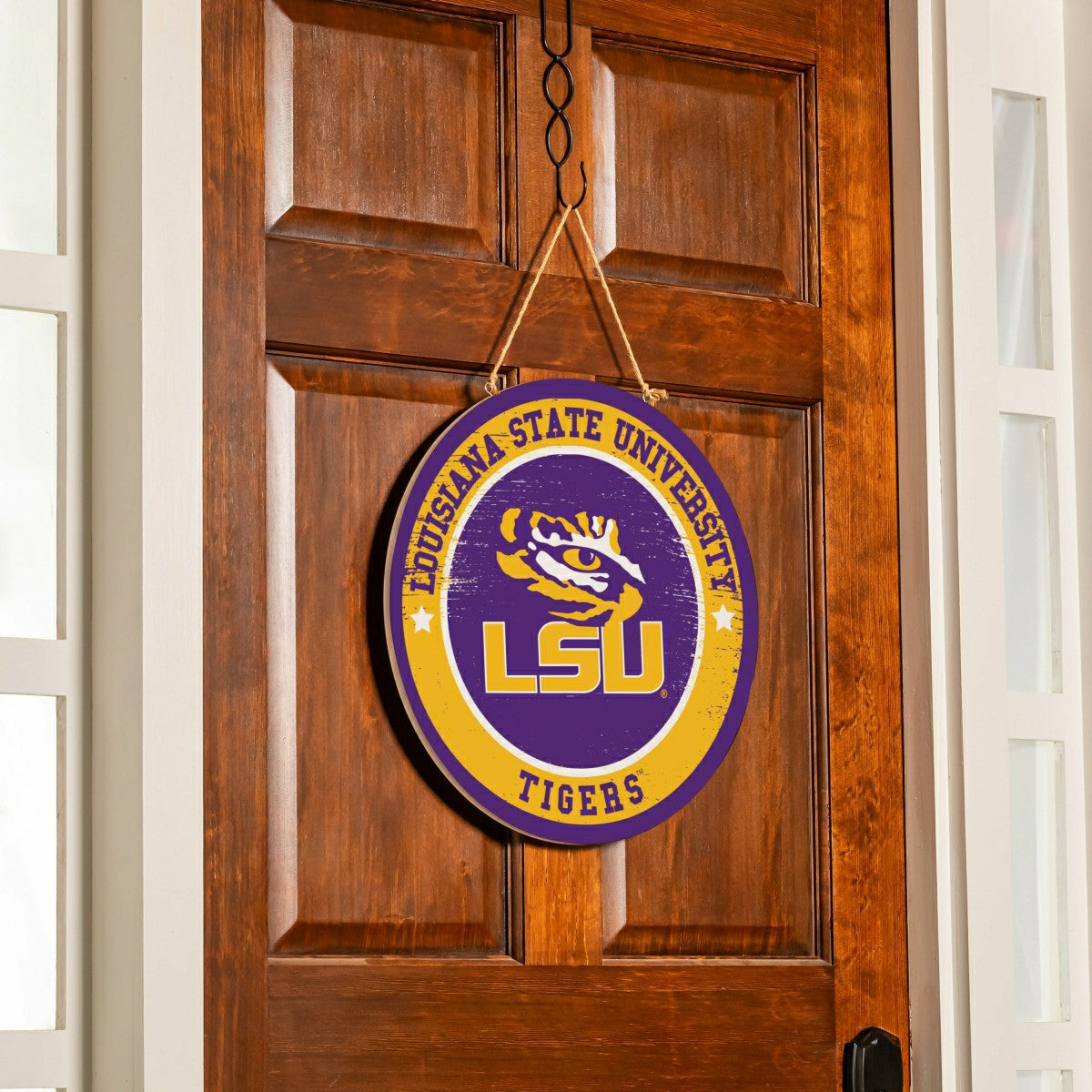 Louisiana State University Round Door Décor with Hanging Rope, 18x18 - Collegiate Home
