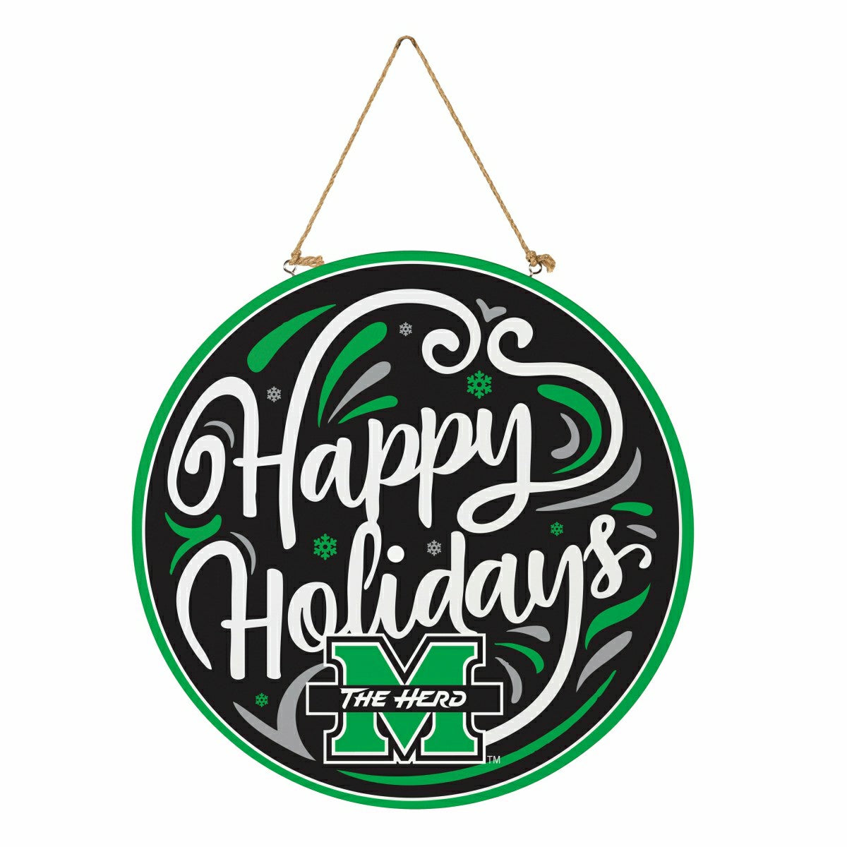 Marshall University Holiday Round Door Décor with Hanging Rope, 18x18 - Collegiate Home